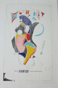 Vintage Modern Lithograph Poster 1960s Pop Art Mod Figure Pencil Signed