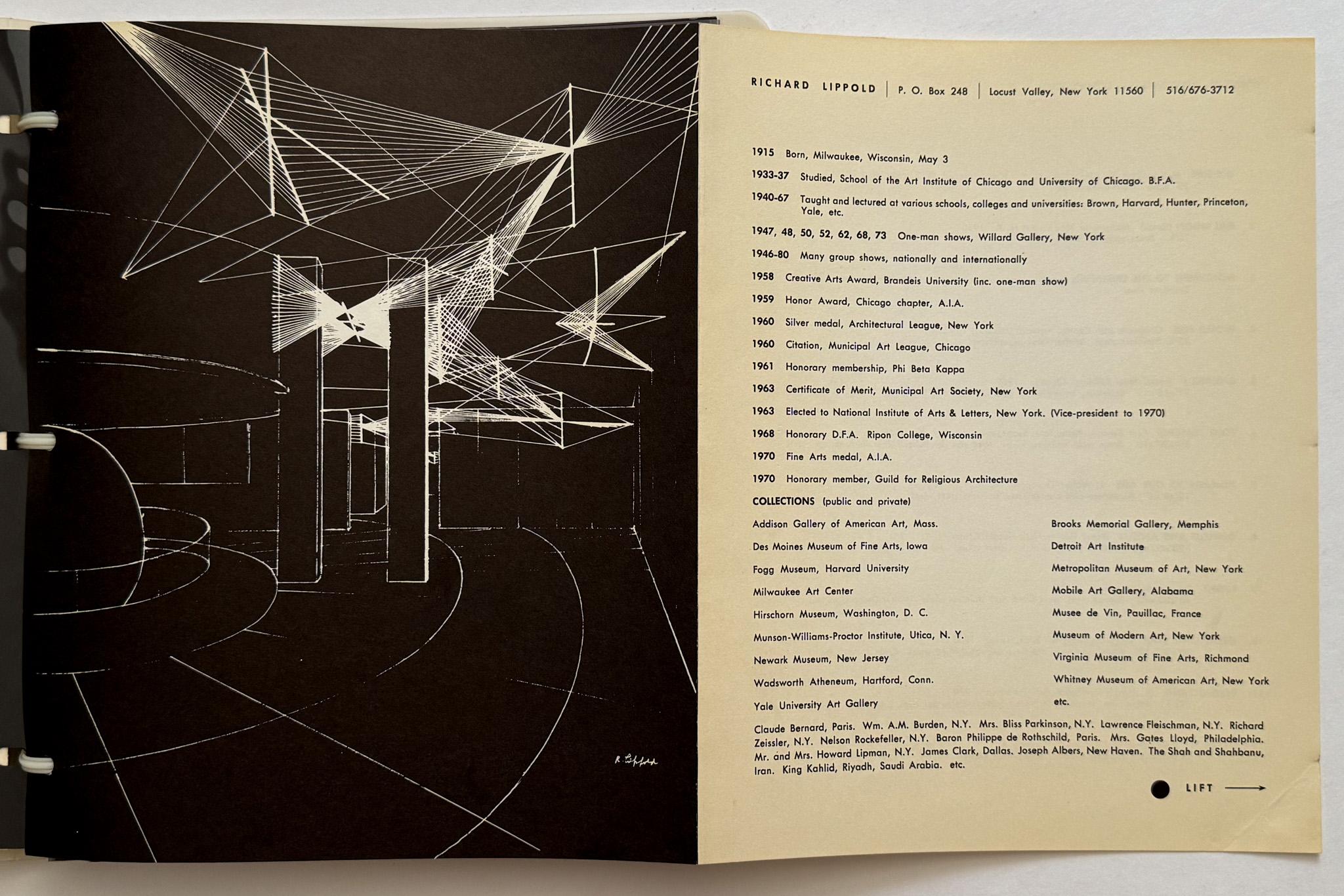 Portfolio assemblé à la main par le célèbre sculpteur américain Richard Lippold (1915-2002), connu pour ses constructions géométriques spécifiques utilisant le fil de fer comme support, et pour sa capacité à travailler en harmonie avec