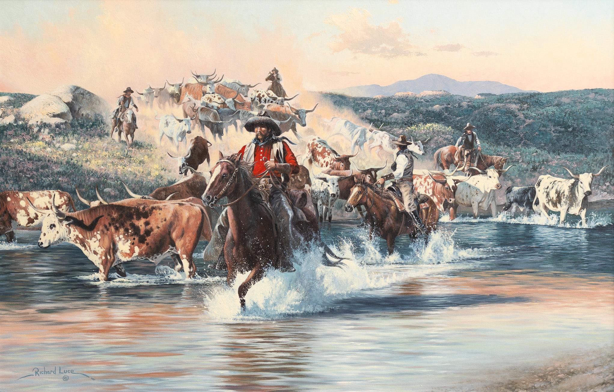 Figurative Painting Richard Luce - Scène de conduite du bétail par les cow-boys "Crossing the Creek" (traverser le ruisseau)