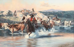Scène de conduite du bétail par les cow-boys "Crossing the Creek" (traverser le ruisseau)
