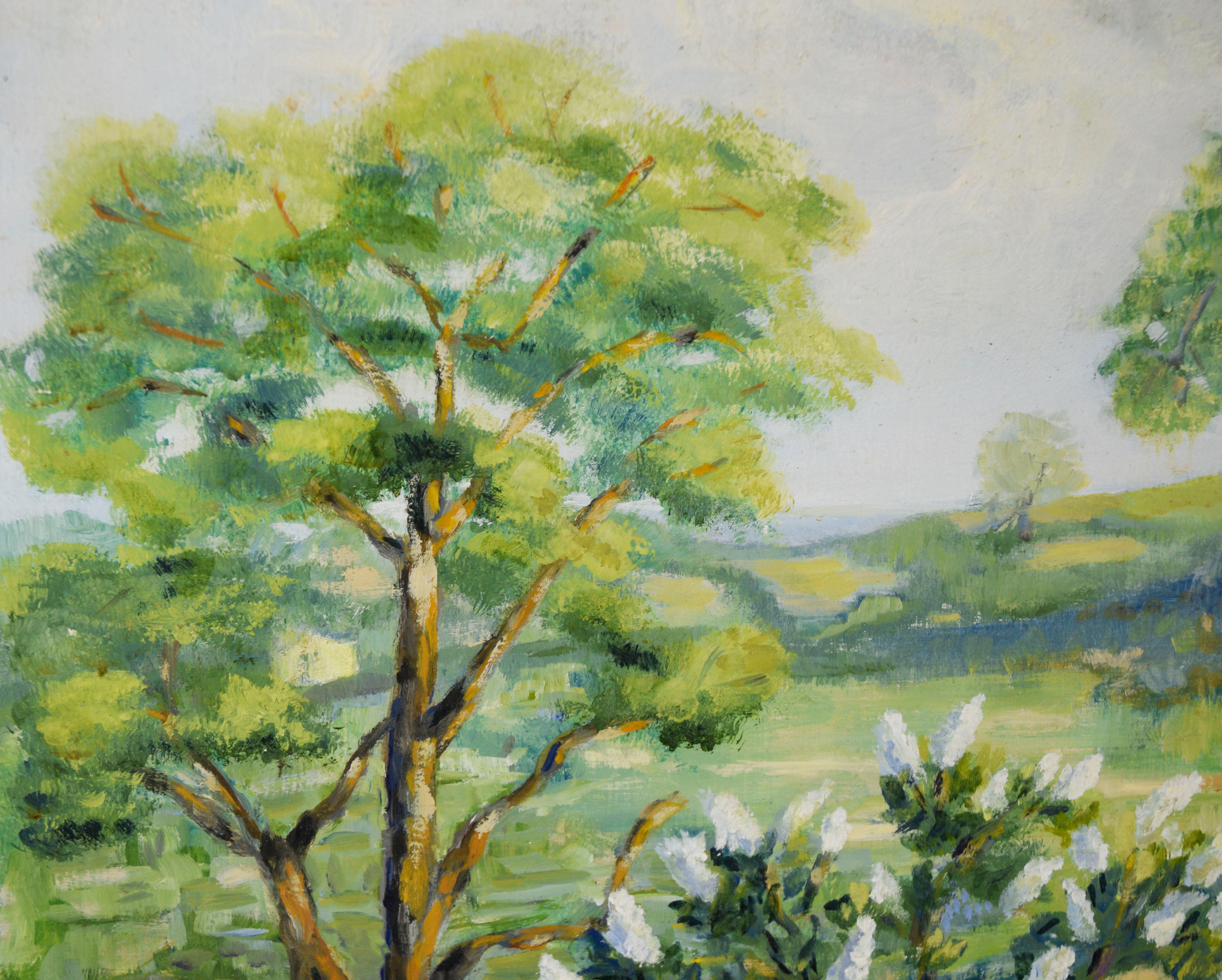 „Ein Juni“ – Original Ölgemälde auf Masonit (Braun), Landscape Painting, von Richard M Bacon
