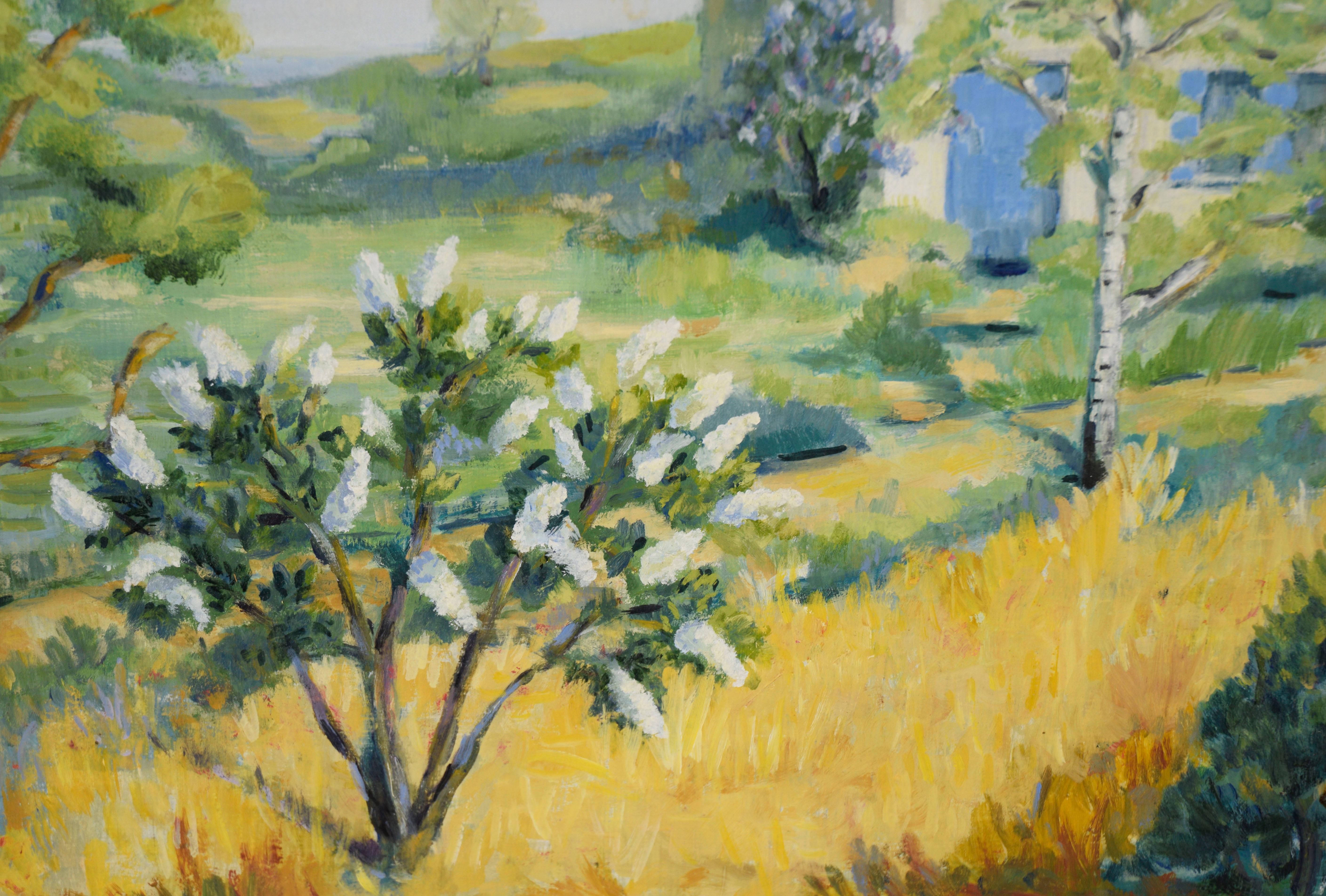 „Ein Juni“ – Original Ölgemälde auf Masonit

Original Öl-Landschaftsgemälde  mit der Darstellung eines leuchtend grünen Hügels von Richard M. Bacon (Amerikaner, 20. Jahrhundert). Im Mittelpunkt stehen zwei Bäume, die in Grün- und Gelbtönen die Hänge