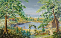 "Bagnanti sul porto" Paesaggio di grandi dimensioni con figure e barche in acrilico