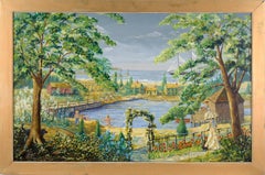 "Harborside Bathers" Large Scale Landscape with Figures and Boats in Acrylic