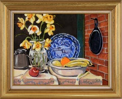 "Still Life with Apple" and Daffodils in Oil on Masonite