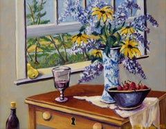 Still Life with Daises and Wisteria in Acrylic on Masonite