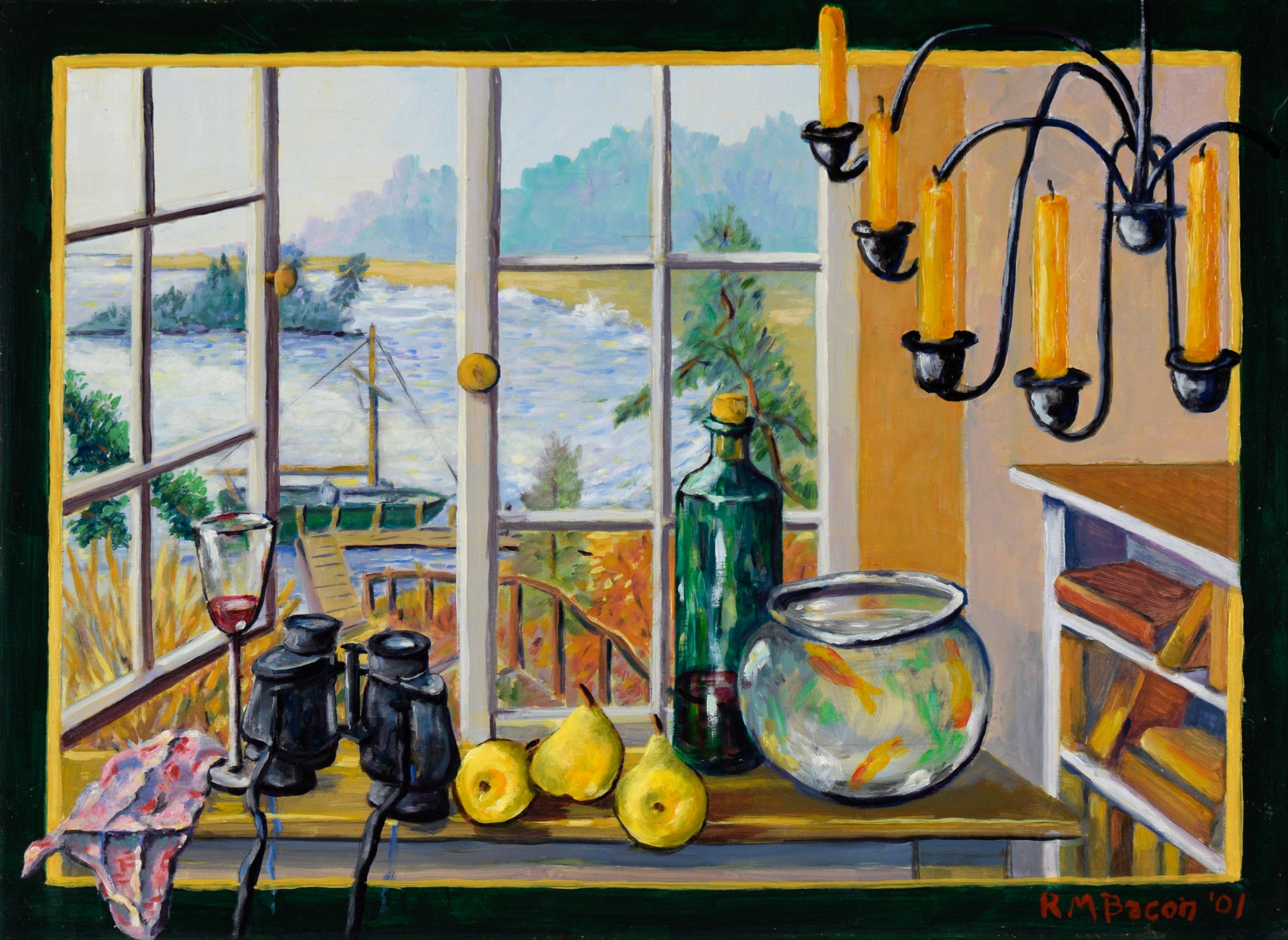 Bodegón y paisaje trampantojo en acrílico sobre masonita - Painting de Richard M. Bacon