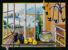 Natura morta e paesaggio Trompe l'Oeil in acrilico su masonite