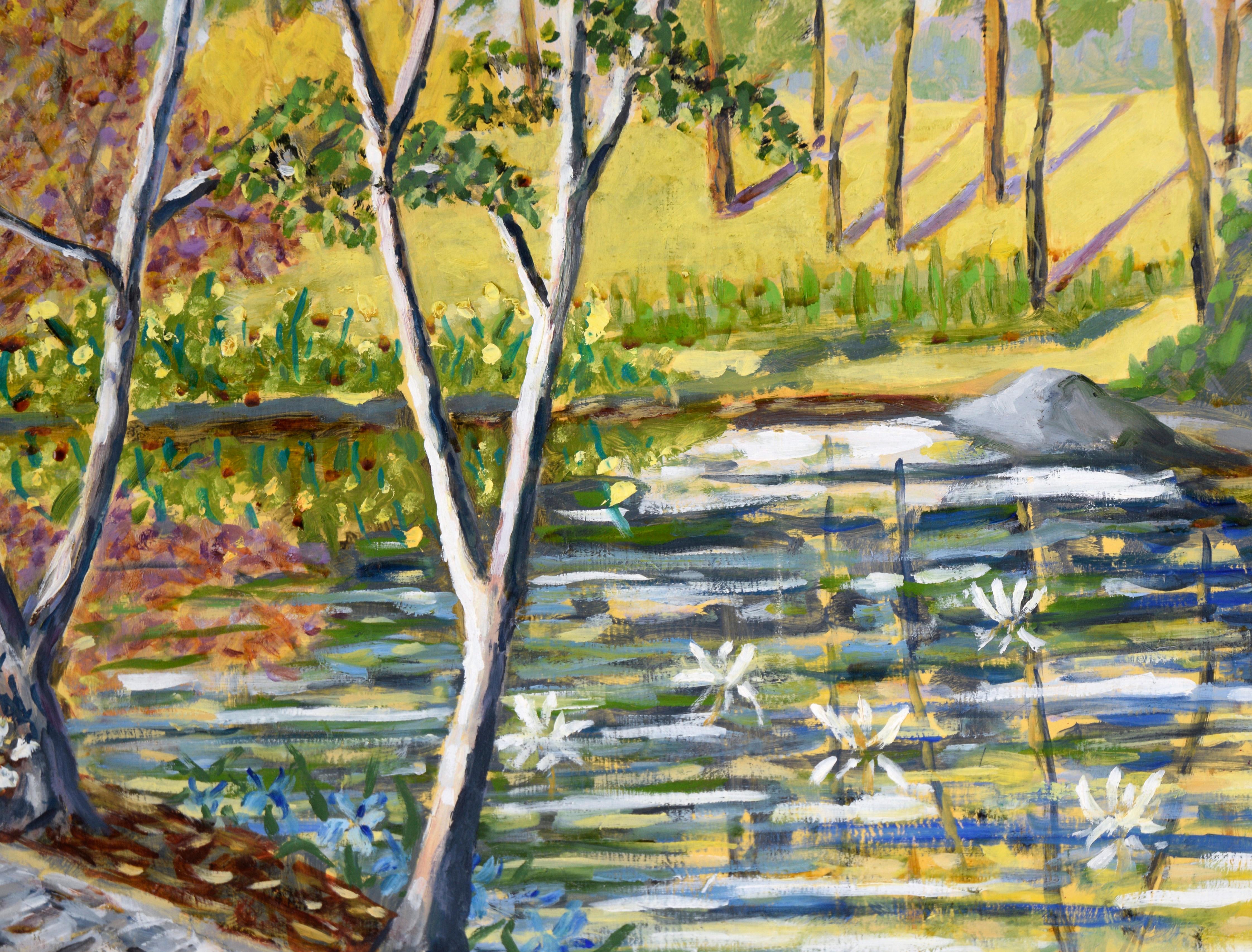 „Wally's Pond“, ländliche Landschaft in Öl auf Masonit, Öl

Idyllische ländliche Landschaft von Richard M. Bacon (Amerikaner, 20. Jahrhundert). Ein kleiner Teich spiegelt die nahe Umgebung wider - Birken, Blumen und Hecken. Ein Weg führt links am