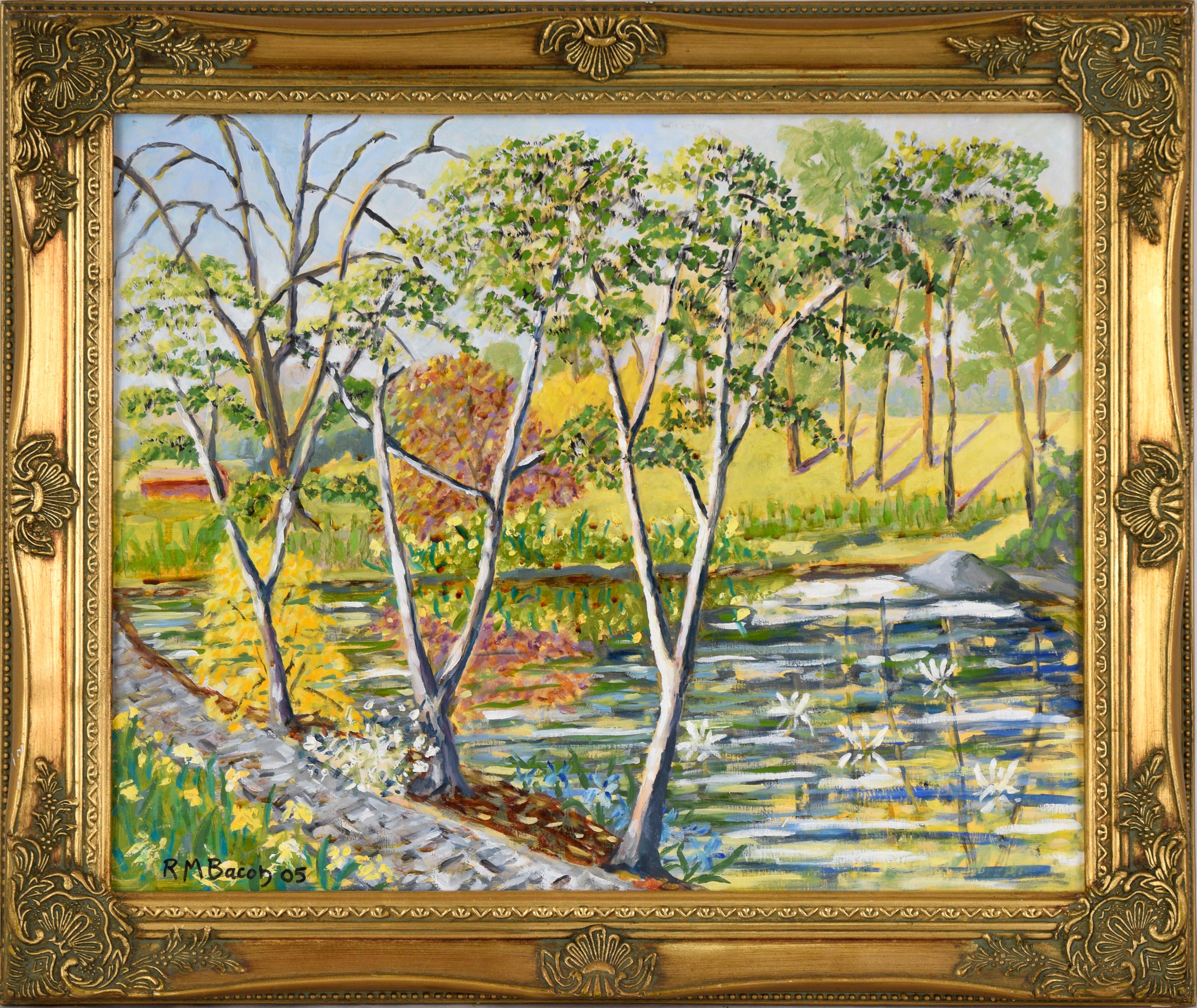 Richard M. Bacon Landscape Painting – „Wally's Pond“, ländliche Landschaft in Öl auf Masonit, Öl