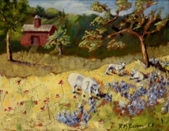 "Yellow Meadow with Sheep" Farmhouse Landscape in Acrylic on Masonite