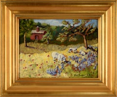 "Yellow Meadow with Sheep" Farmhouse Landscape in Acrylic on Masonite