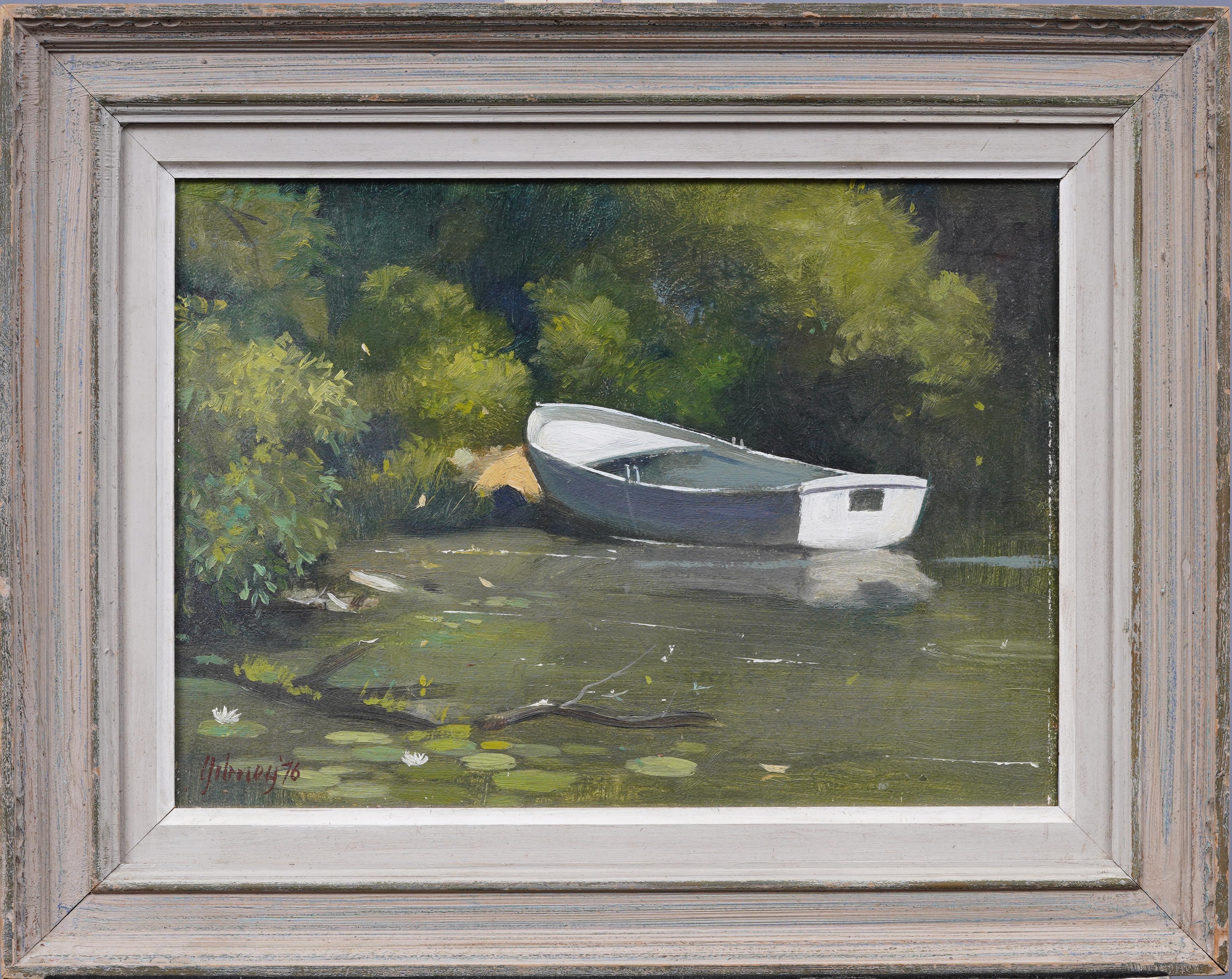 Antico pittore impressionista americano The Lilly Pad incorniciato in un dipinto a olio su un paesaggio lacustre - Painting di Richard M. Gibney 