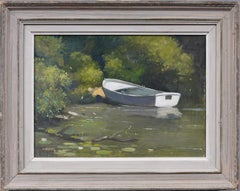 Antique American Impressionist Lilly Pad Framed Lake Landscape Oil Painting