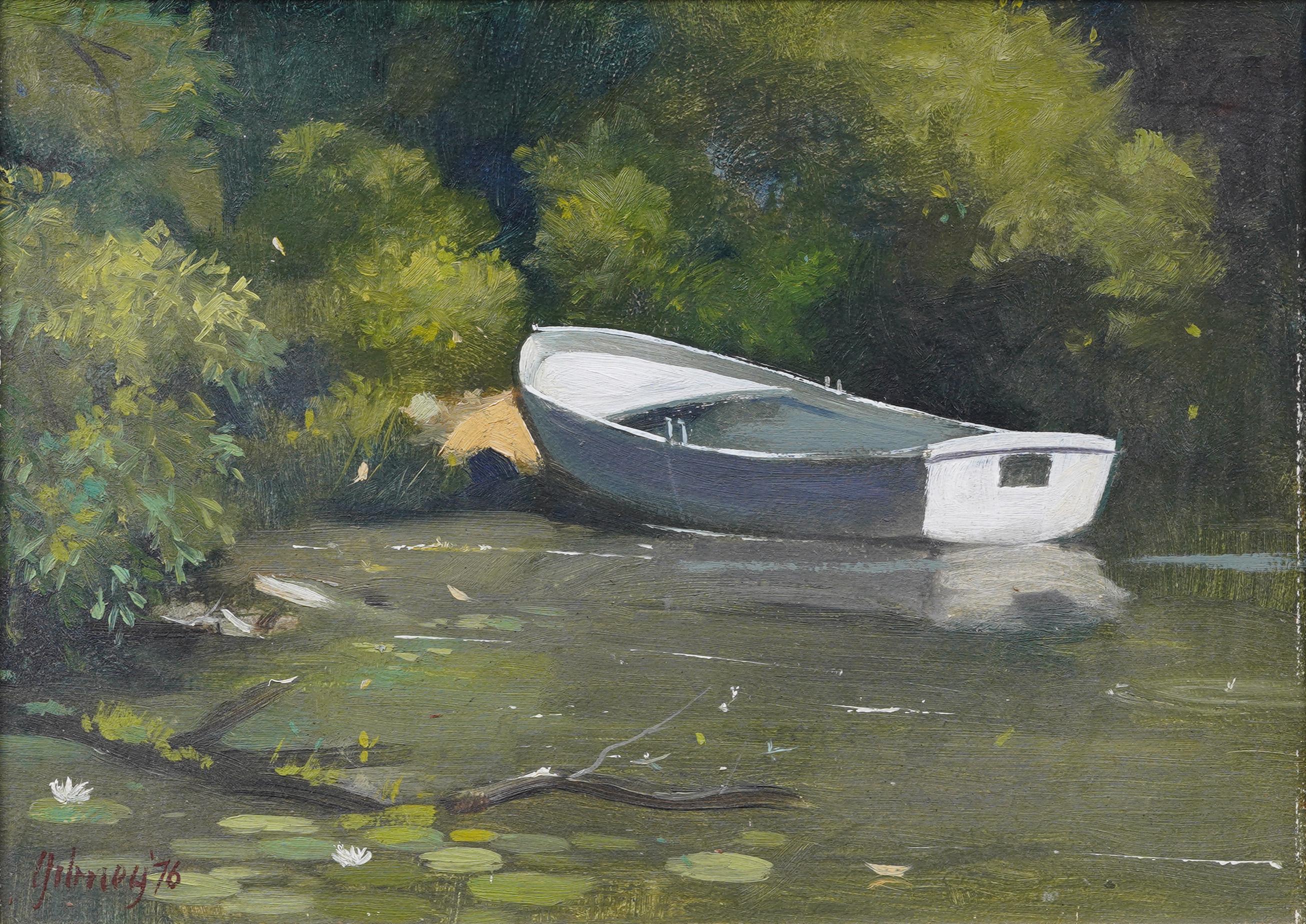 Antico pittore impressionista americano The Lilly Pad incorniciato in un dipinto a olio su un paesaggio lacustre - Painting Impressionismo di Richard M. Gibney 