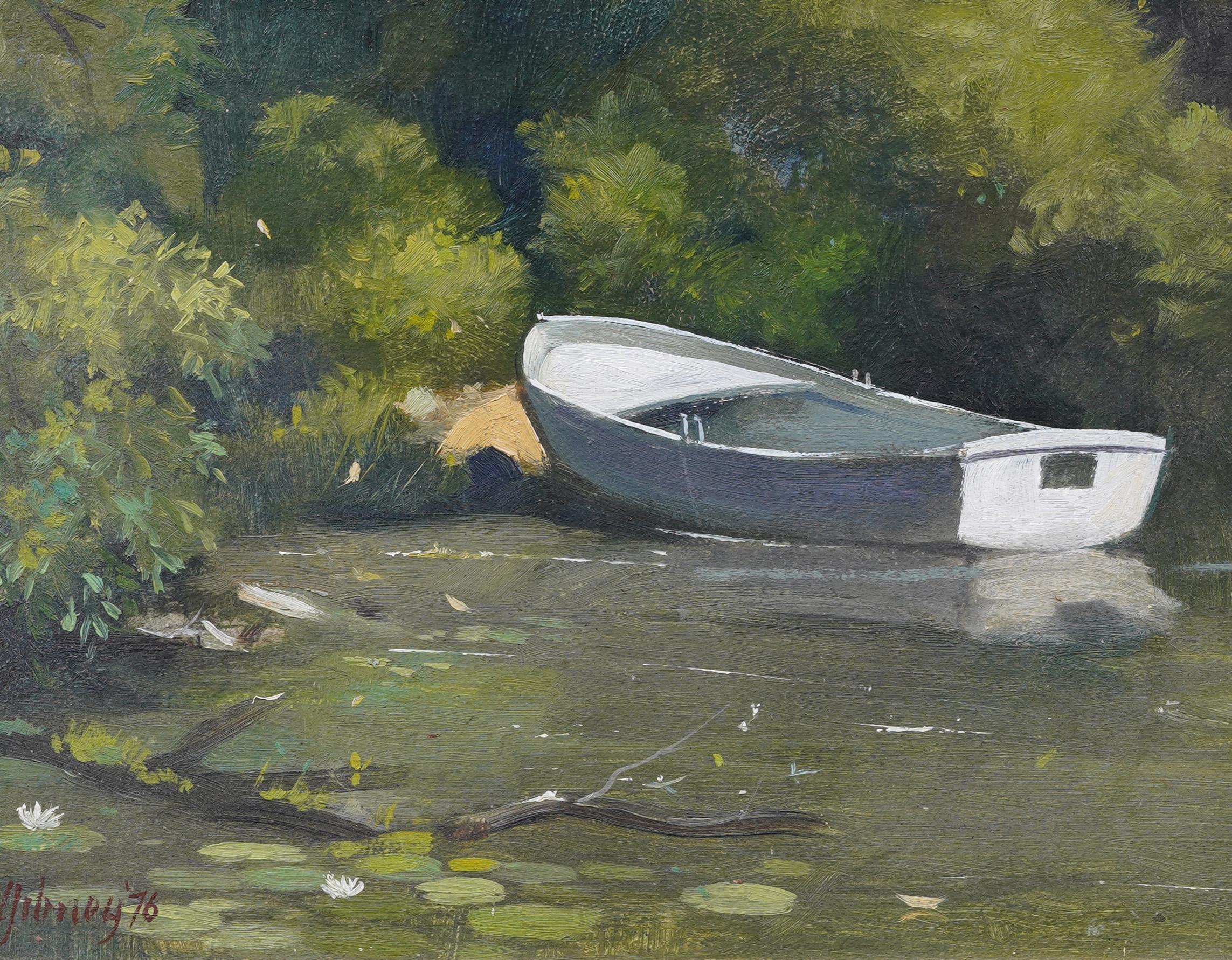 Antico pittore impressionista americano The Lilly Pad incorniciato in un dipinto a olio su un paesaggio lacustre - Landscape Painting Grigio di Richard M. Gibney 