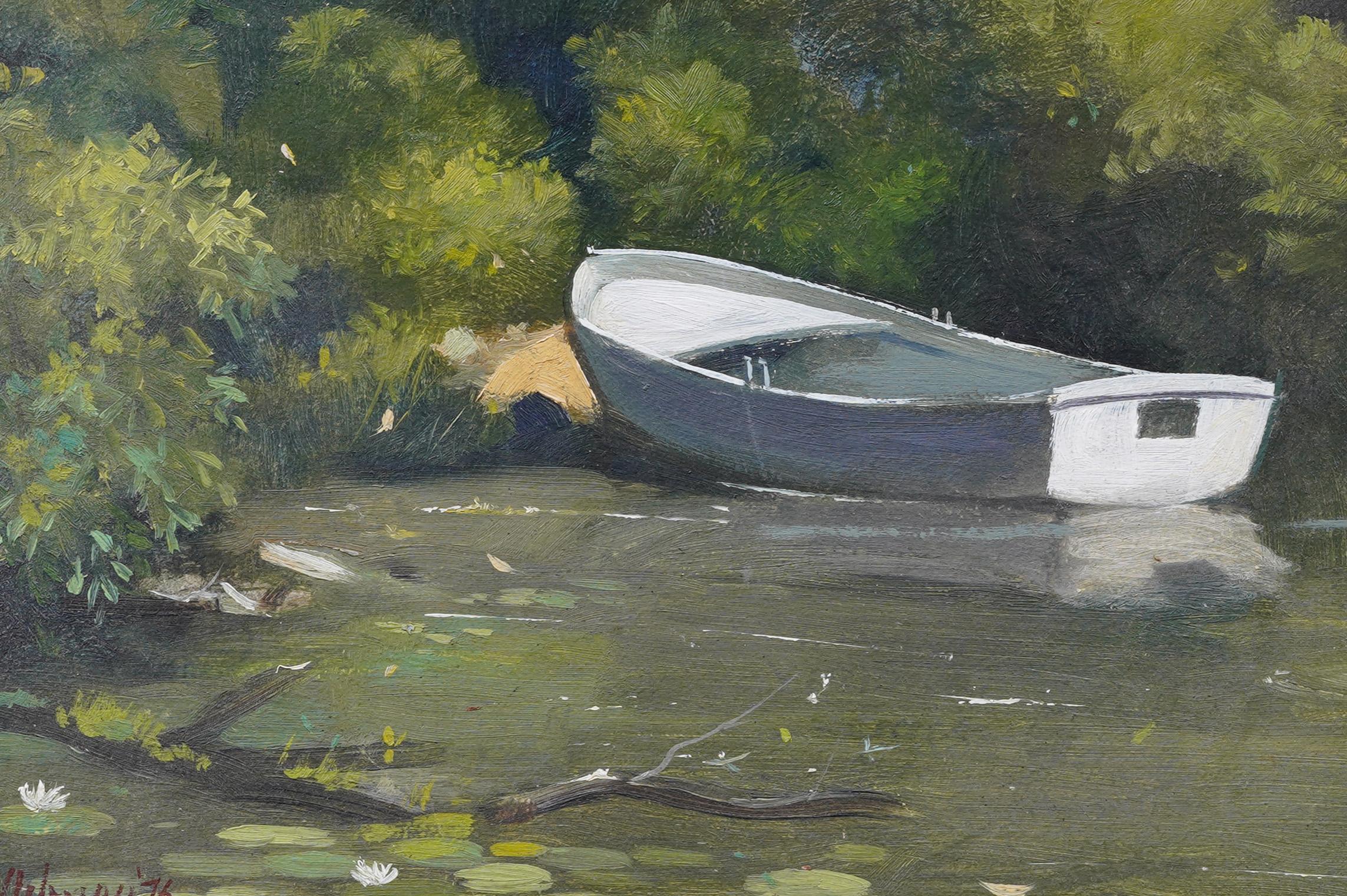 Impressionante dipinto di paesaggio impressionista americano di Richard M. I. (1922 - 2000). Olio su tavola.  Incorniciato.  Firmato.  Dimensioni dell'immagine, 10 x 14 pollici.  