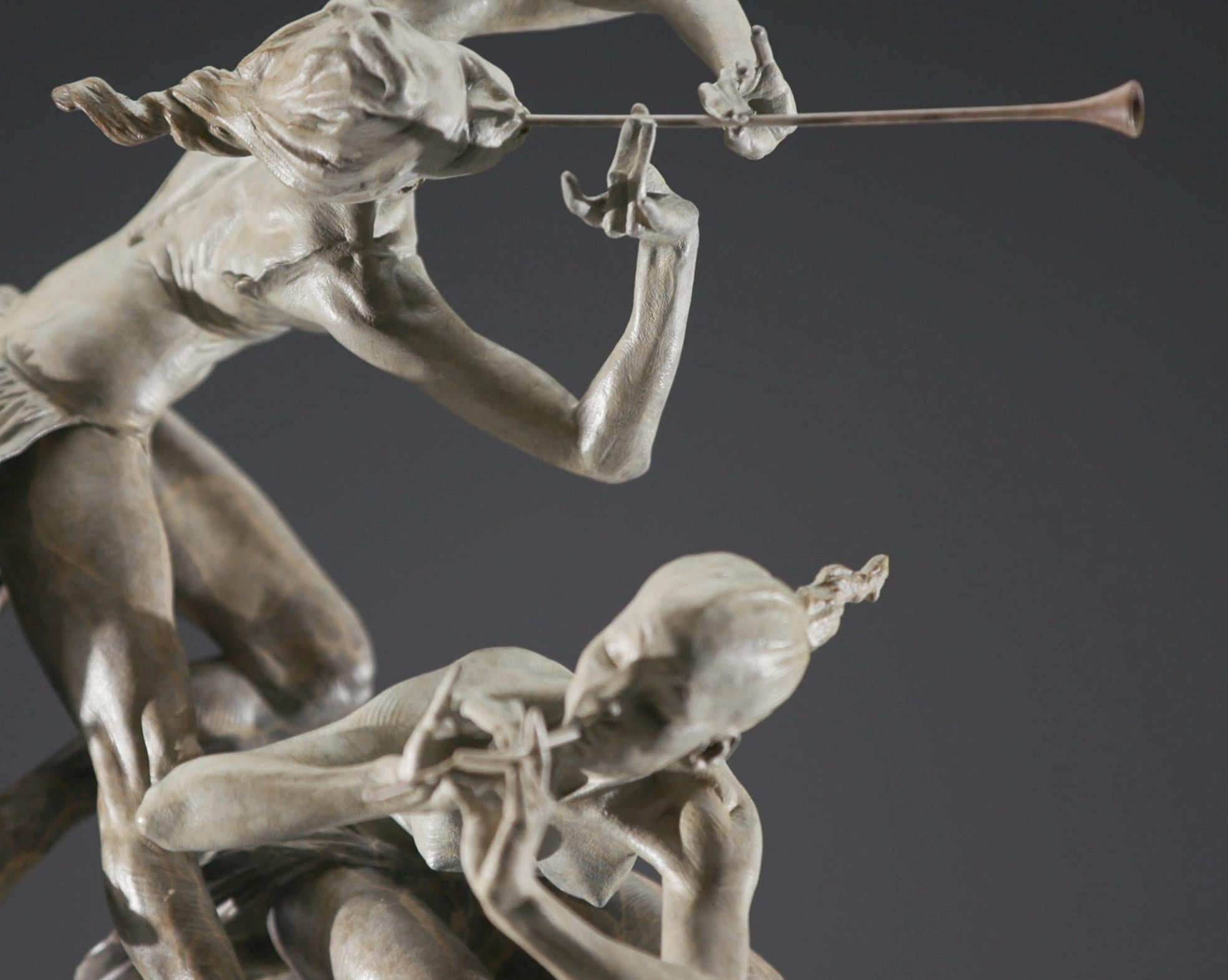 Conceived early in Richard MacDonald’s career, the ideas involving three carefree figures of seemingly enchanted origin continue to stir the artist’s imagination. “Joie de Femme”, expressed as two female figures playing a trumpet and a horn as they