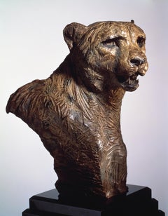 Life Size Bronze Cheetah Bust Sculpture, 20th Century, Signed
