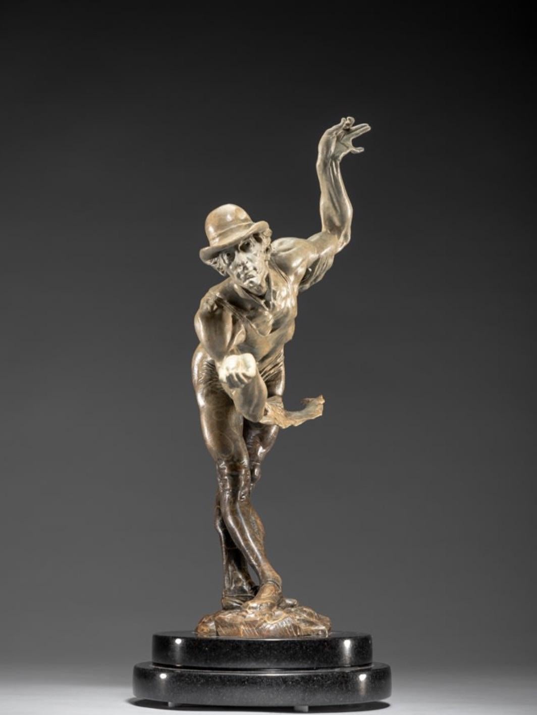 Continuing in the spirit of his classical mimes, Richard MacDonald’s latest work entitled “Rain, Atelier” offers us an experience with rain, wind, movement, and joy. We feel the wind blowing the scarves; we see him holding an imaginary umbrella; we