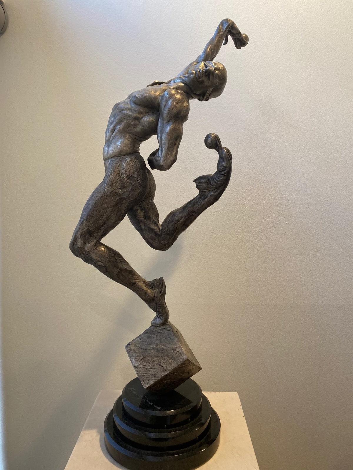 Artist: Richard MacDonald
Title: Leap of Faith
Medium: Bronze Sculpture
Size: 31" x 9 3/4" x 13 1/4"
Year: 2009
Inscription: Signed, dated, and numbered
Edition: AP IV - 1/3 life Platinum AP editions (numbered in roman numerals)
Condition: Very good