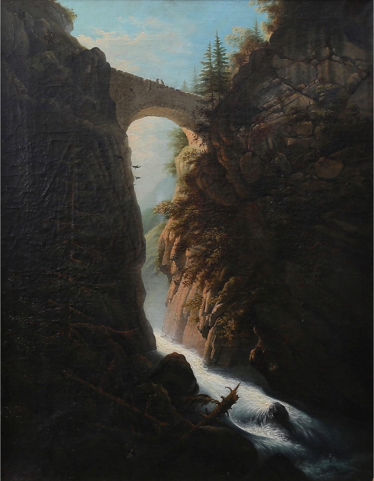 Mountain Landscape with a Stone Bridge over a Waterfall - Painting by RICHARD MAERZ