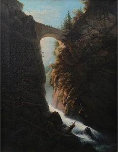 Mountain Landscape with a Stone Bridge over a Waterfall
