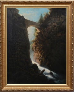 Paesaggio di montagna con un ponte di pietra su una cascata