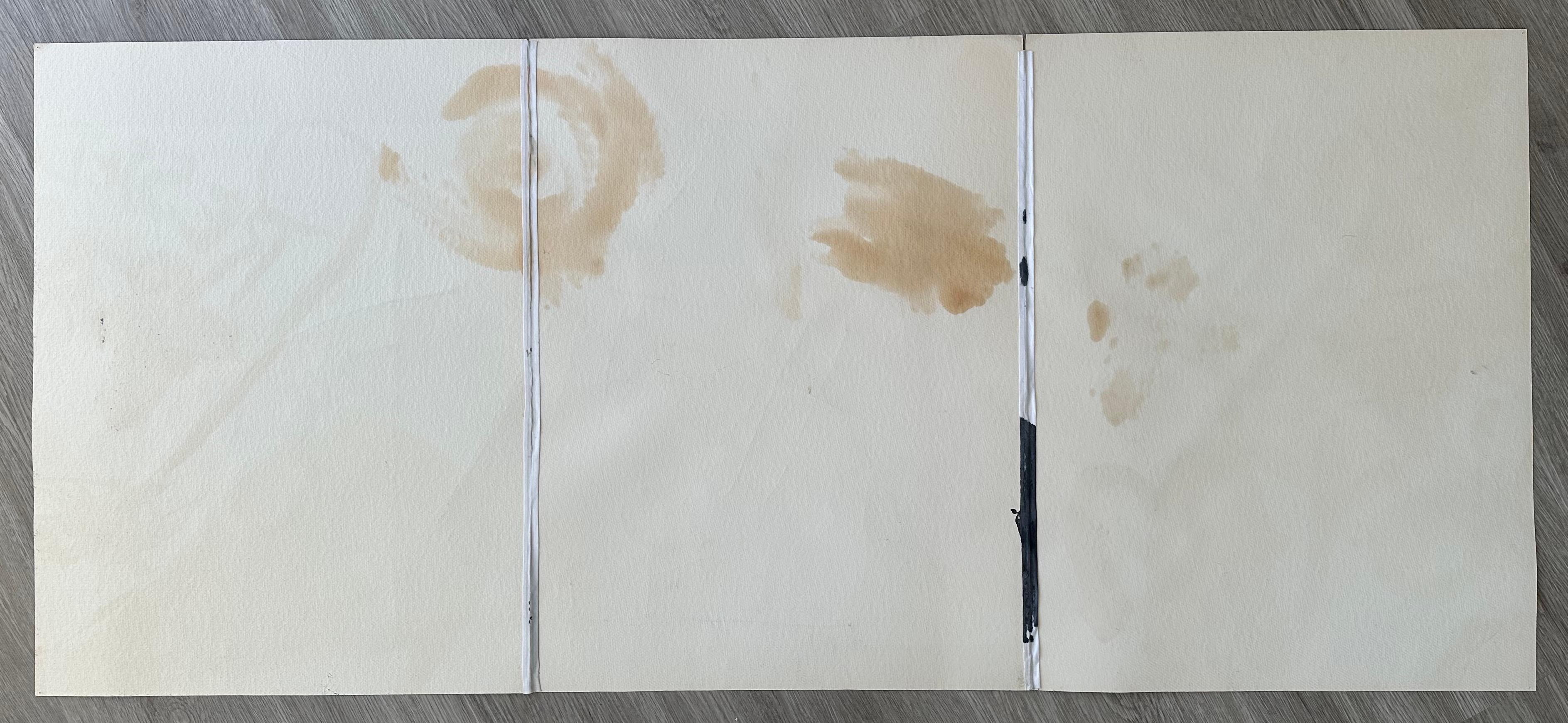 Richard Mann (1940-1990). Elegías de Duino, 1981. Técnica mixta sobre papel de trapo, compuesto por 3 hojas de 18 x 24 pulgadas cada una. Cada borde vertical está abisagrado con cinta de montaje, lo que da lugar a un tríptico
presentación. Medida