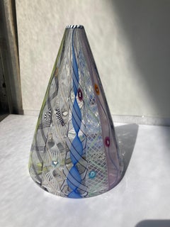 Richard Marquis Latticino Glass Cone Vase, by Noble Effort, Marked 1986