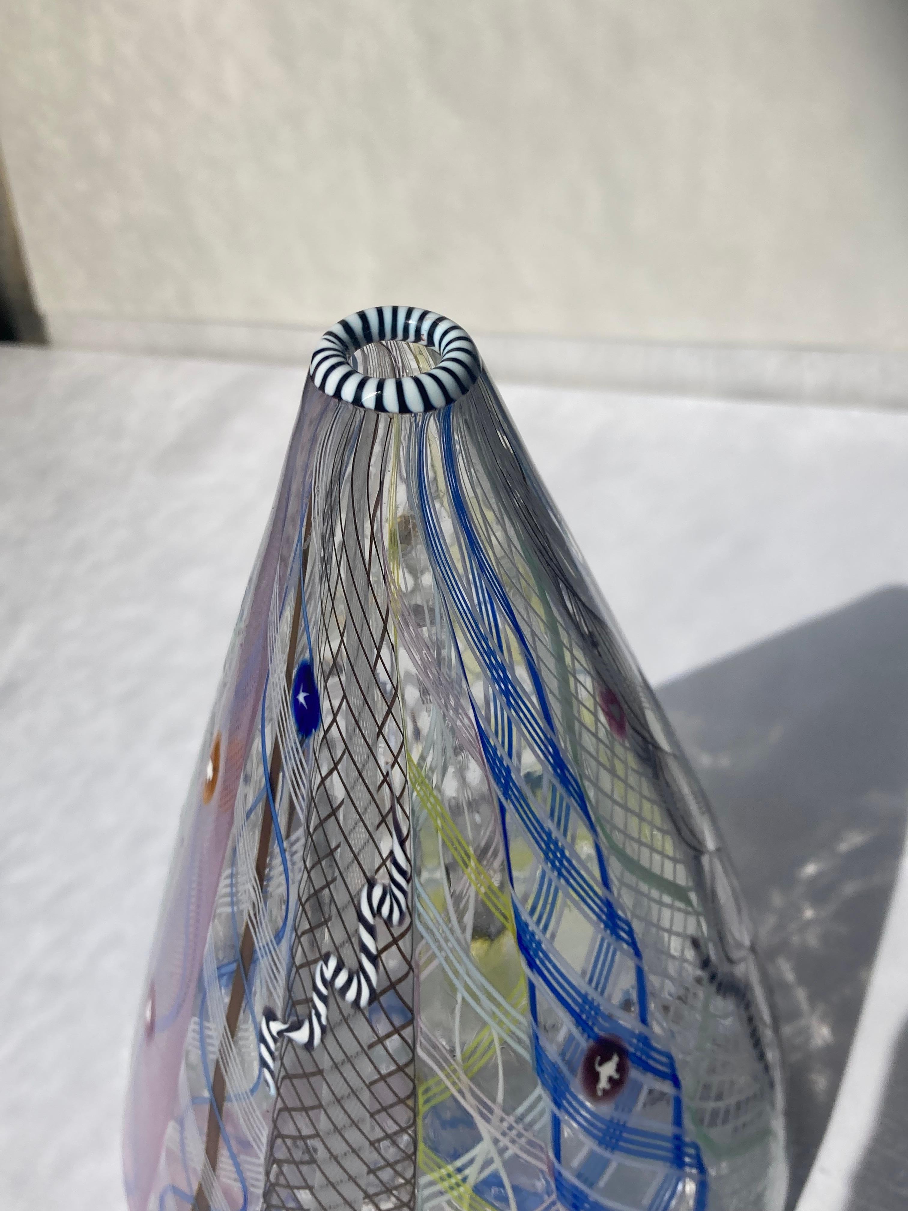 Post-Modern Richard Marquis Latticino Glass Cone Vase, by Noble Effort, Marked 1986 For Sale