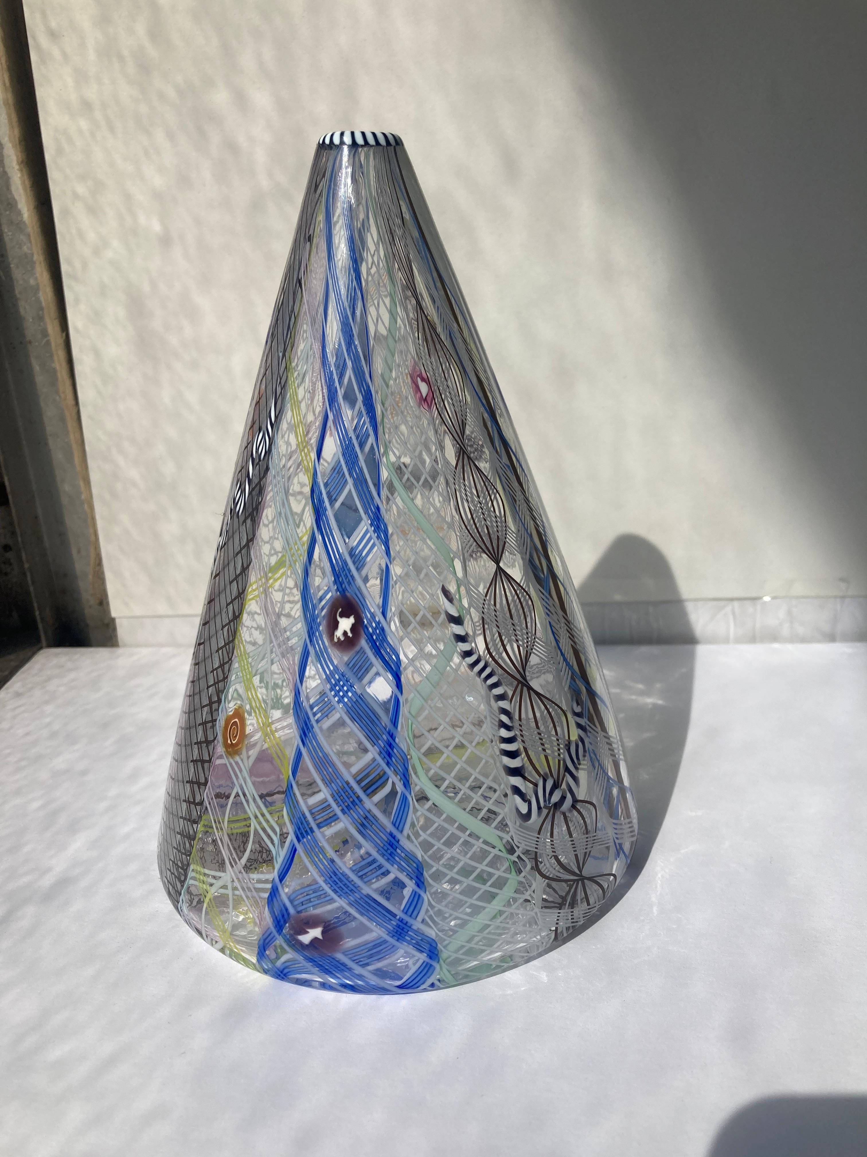 American Richard Marquis Latticino Glass Cone Vase, by Noble Effort, Marked 1986 For Sale