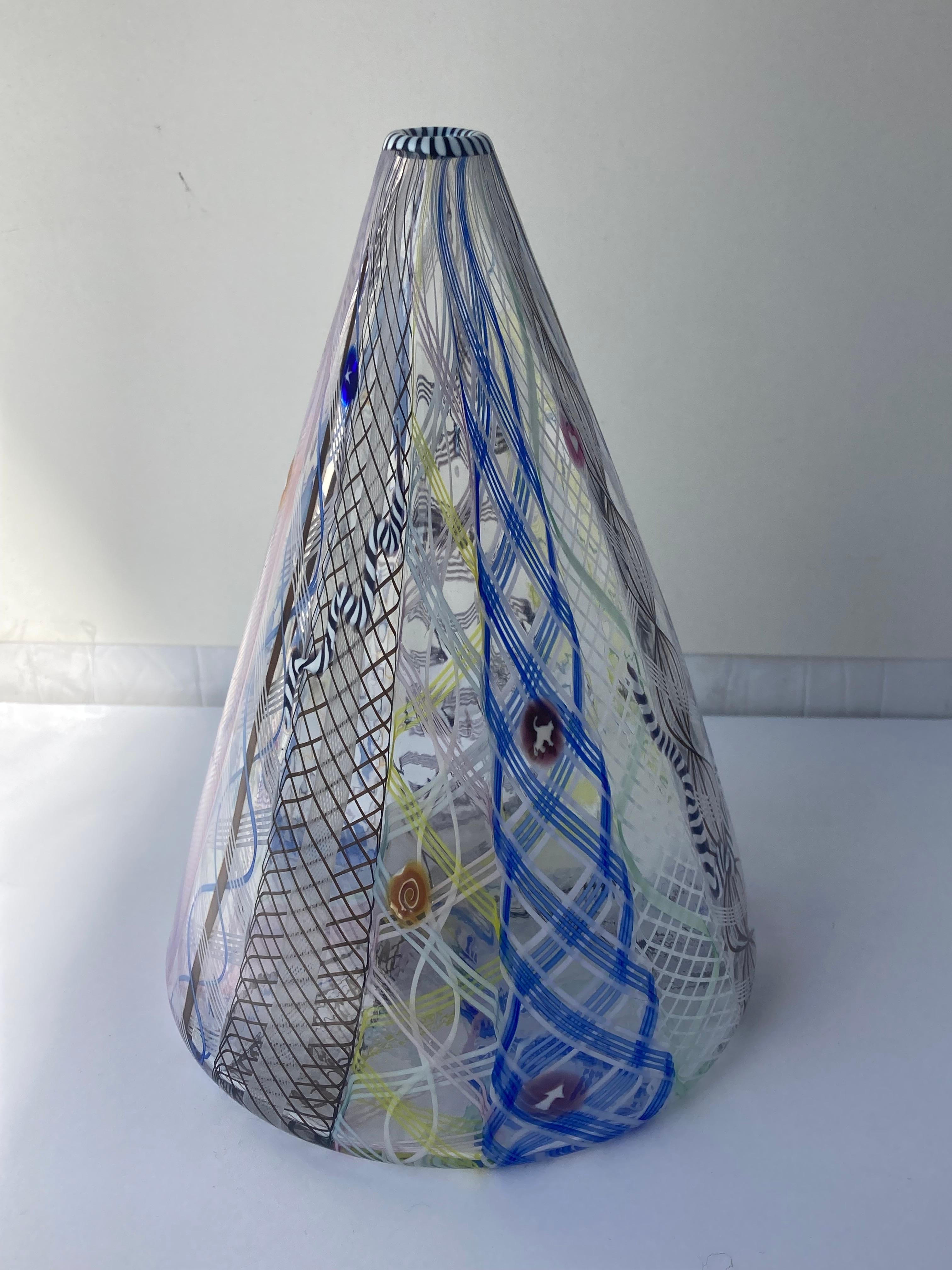 Hand-Crafted Richard Marquis Latticino Glass Cone Vase, by Noble Effort, Marked 1986 For Sale