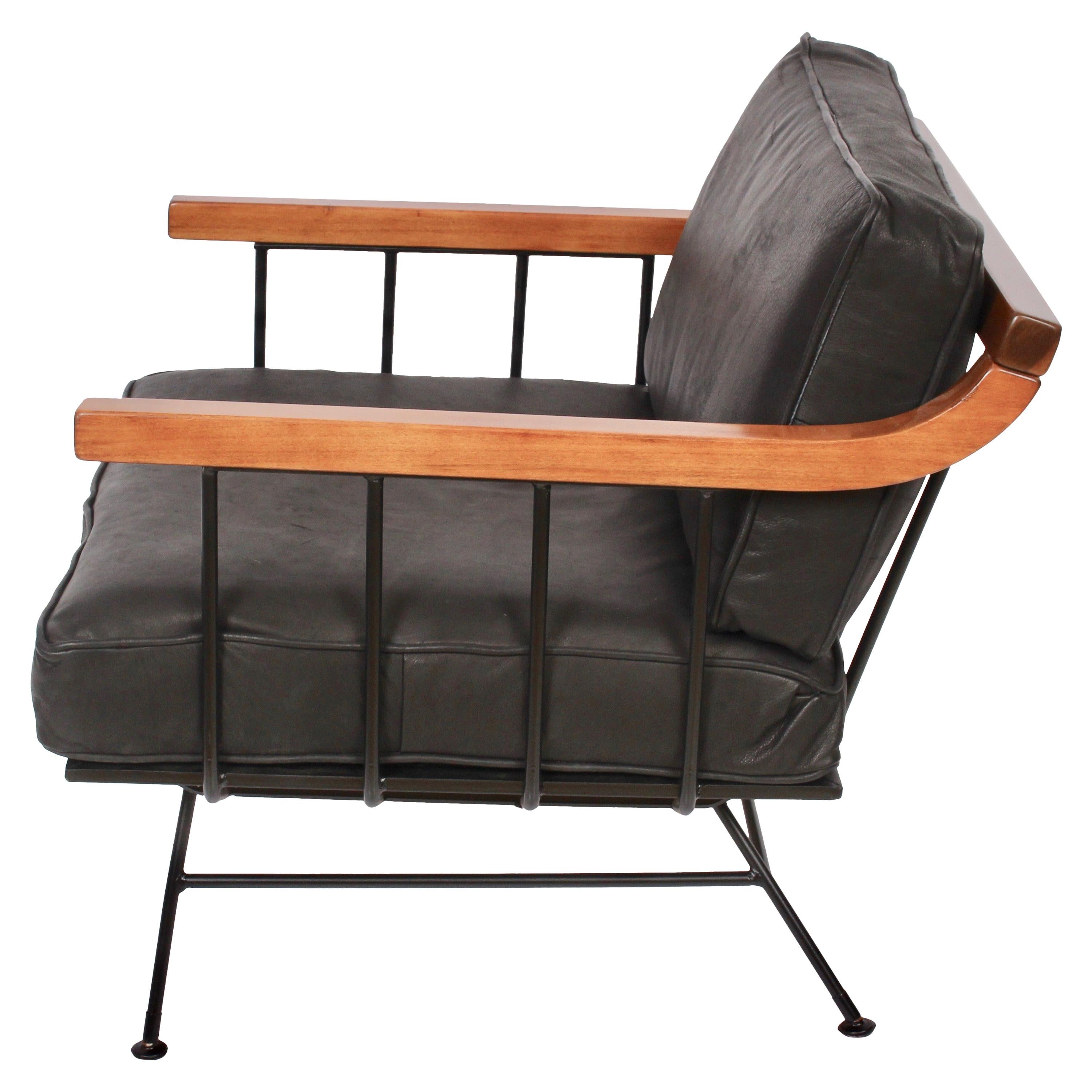 Richard McCarthy for Selrite Wrought Iron, Elm & Black Leather Lounge Arm Chair