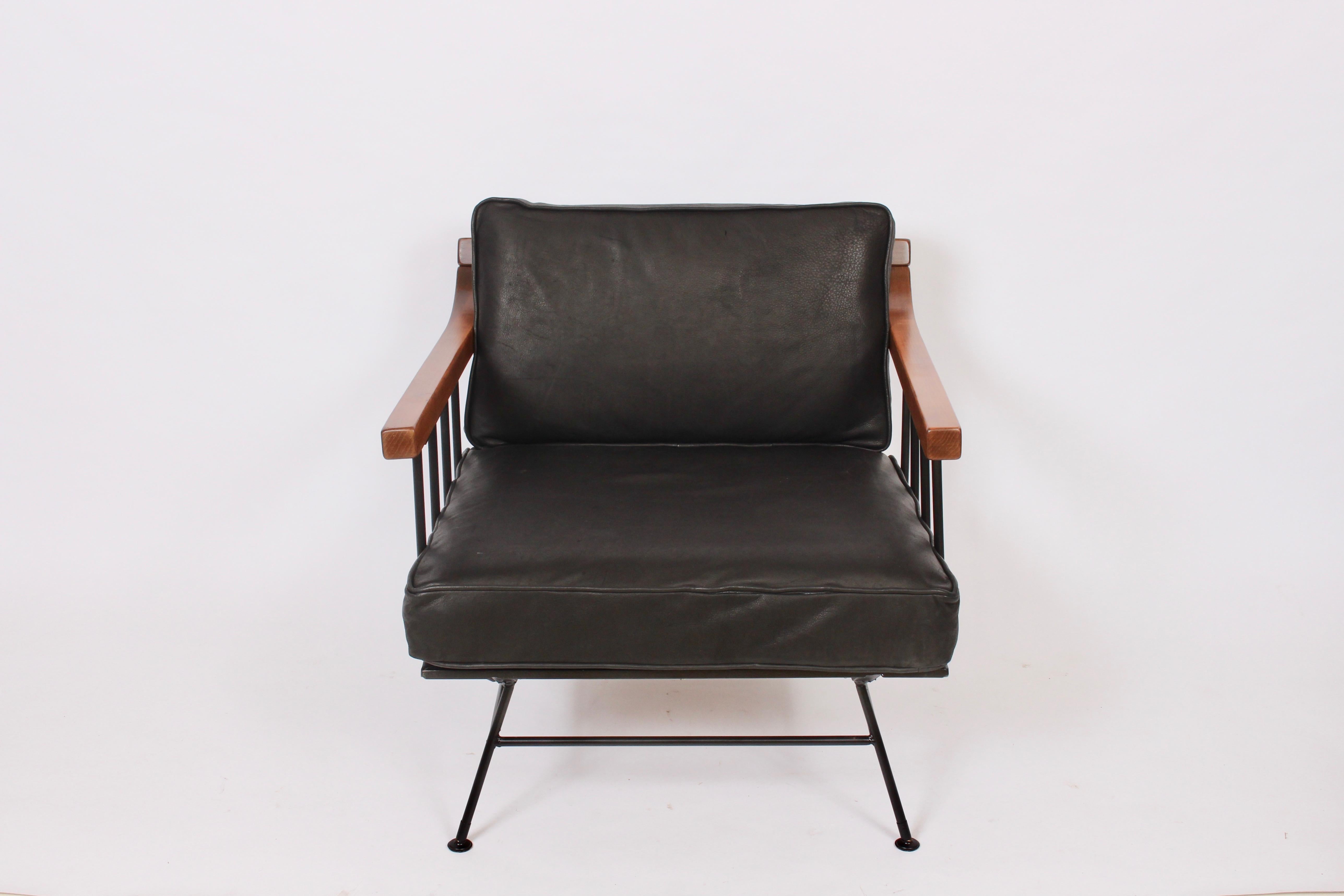Richard McCarthy for Selrite Wrought Iron, Elm & Black Leather Lounge Arm Chair 3