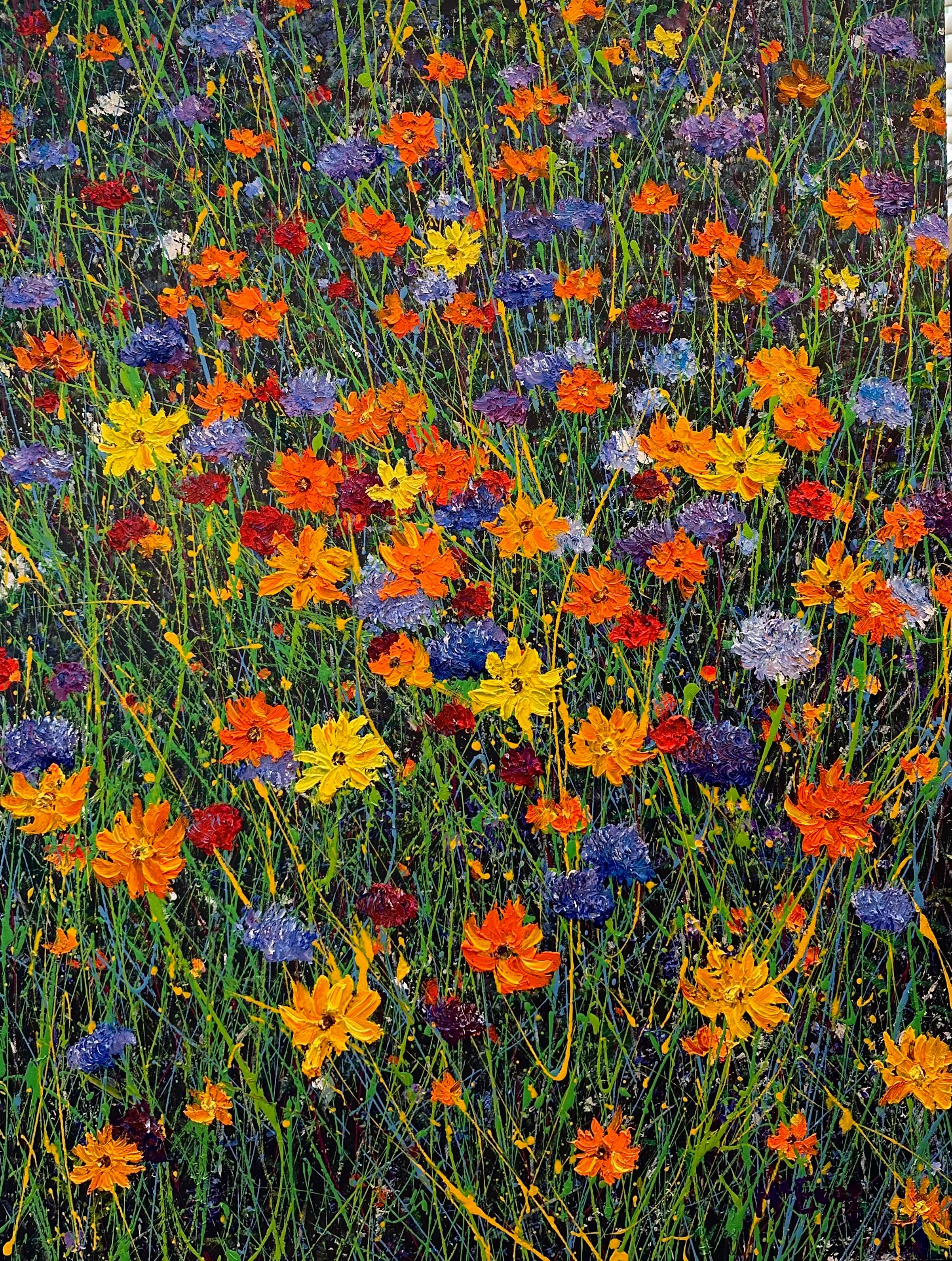 Wild Flower Frenzy Oil Painting, Framed, 21st Century, Still-life