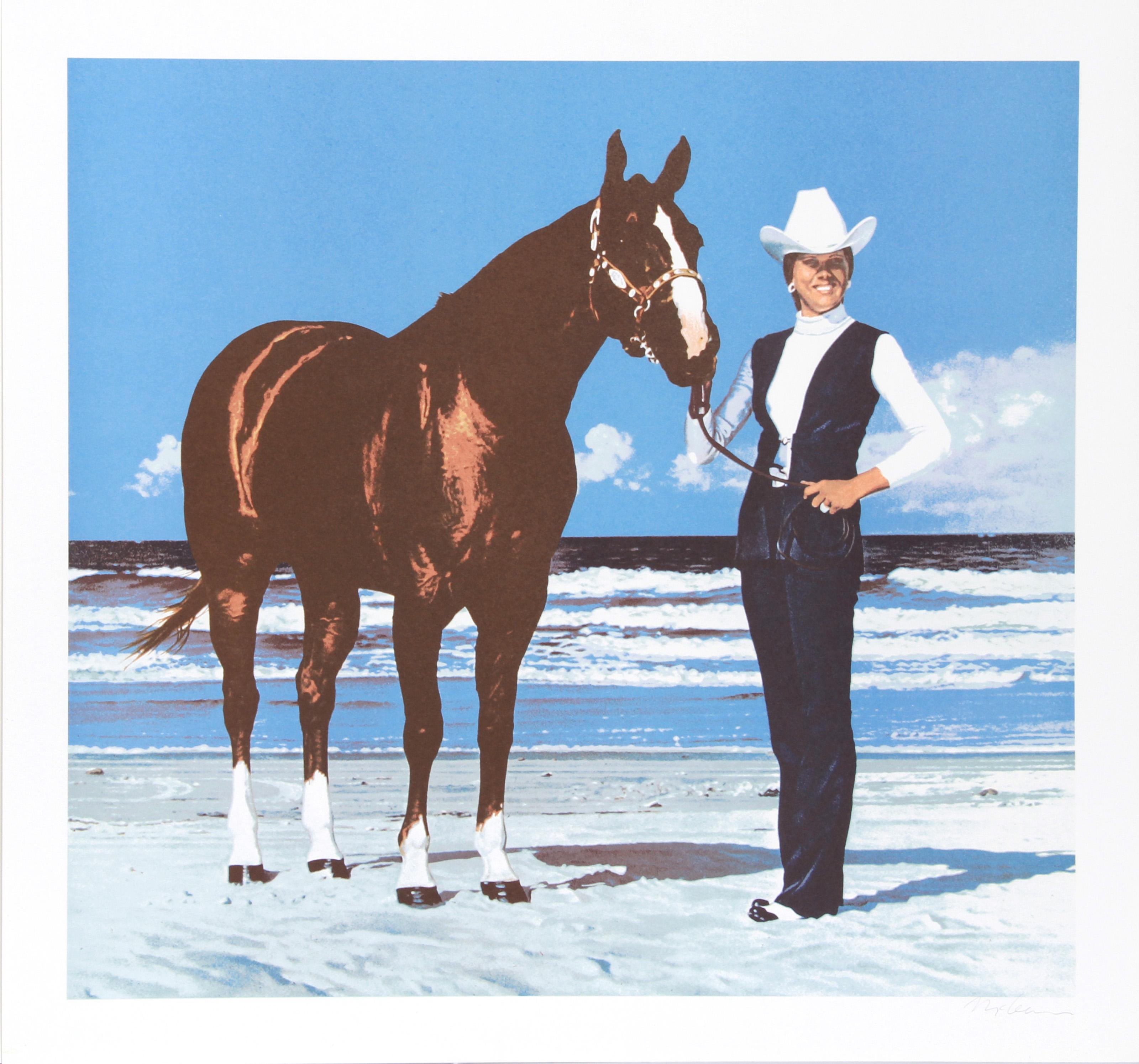 Dieser außergewöhnliche Siebdruck von Richard McLean aus dem Jahr 1980 zeigt das Rennpferd Dixie Coast mit der fotografischen Präzision und den hyperrealistischen Details, die den amerikanischen Fotorealismus ausmachen. McLeans akribische Technik