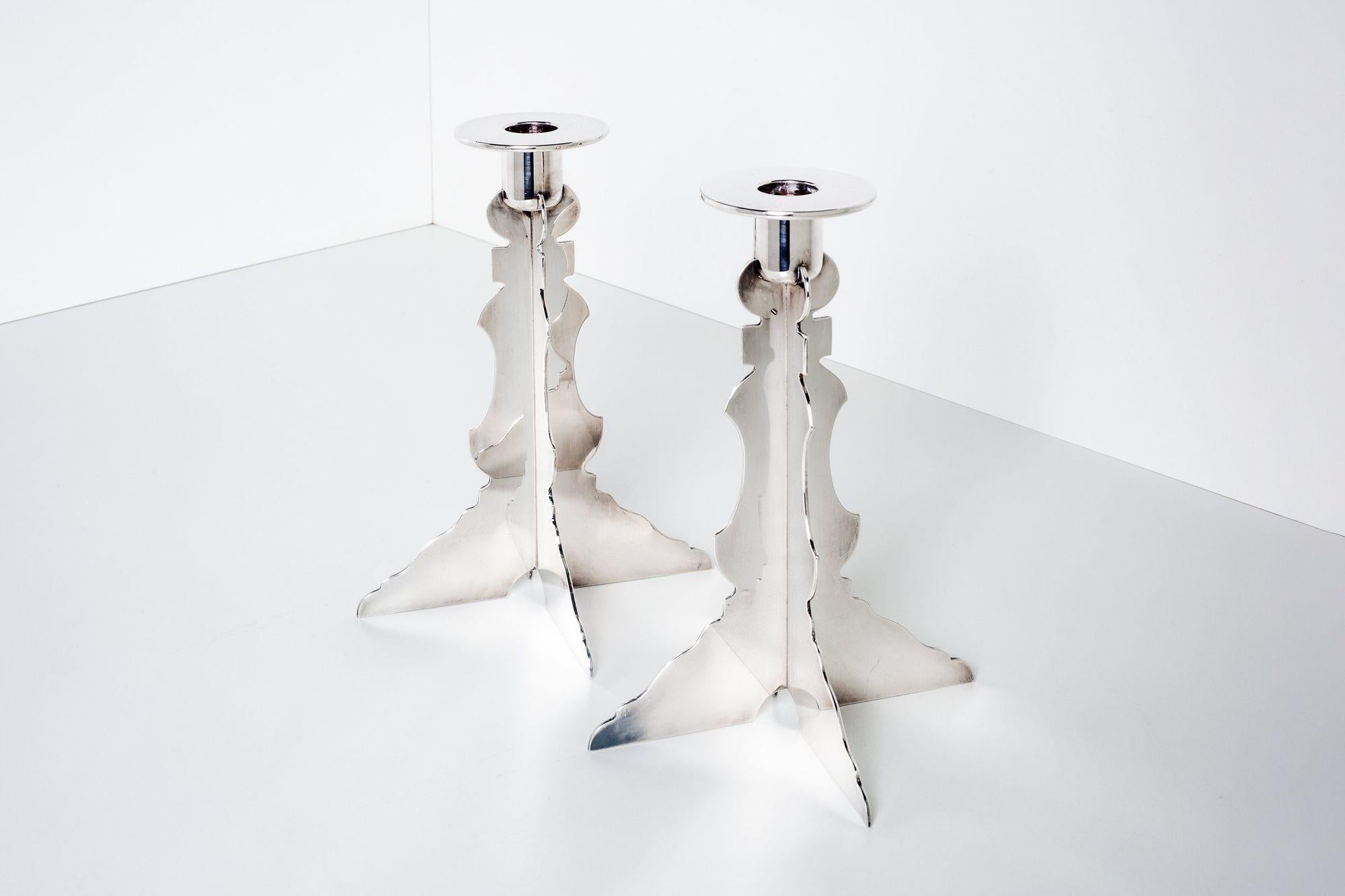 Richard Meier Candleholders for Swid Powell, Silver-plated brass,Both stamped RM MADE IN ITALY SILVER PLATED with copyright