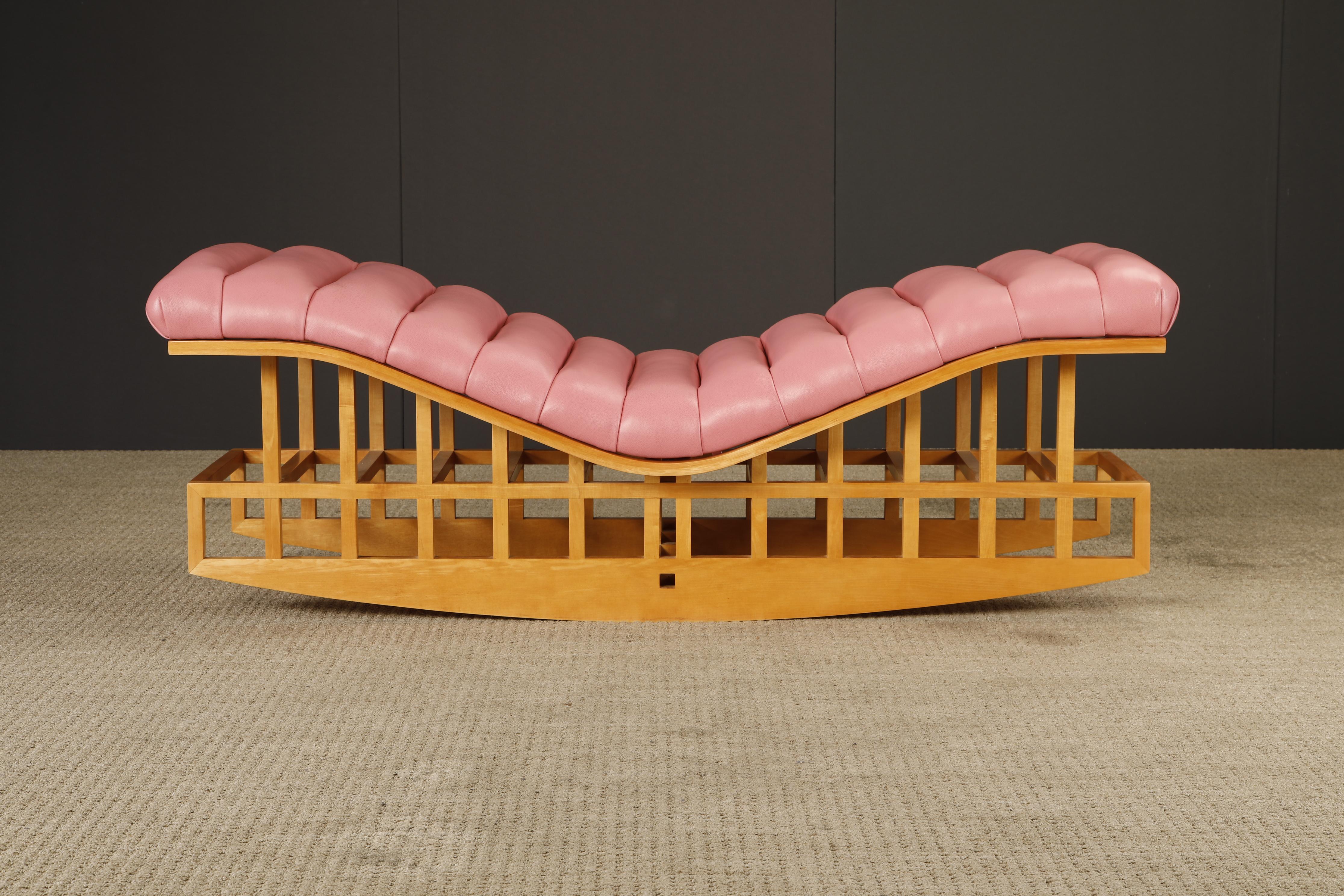 A striking and exceptionally rare rocking chaise designed by Richard Meier for Knoll International (circa 1982), this sculptural lounge piece beautifully captures Meier’s architectural language, crisp geometries, rhythmic structure, and a sense of