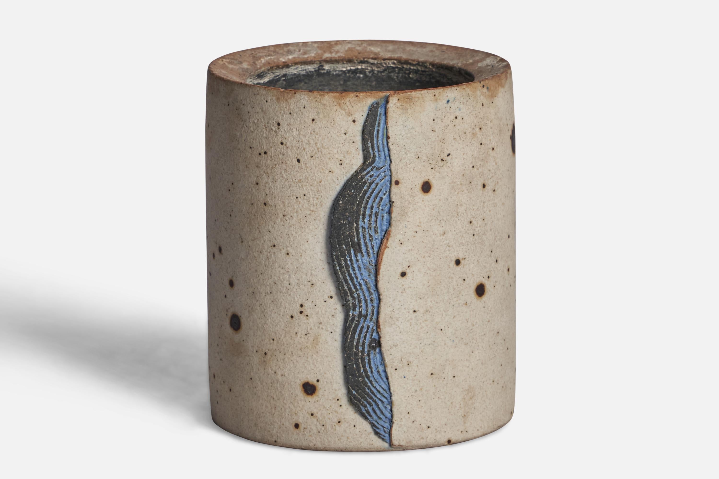 A grey and blue-glazed stoneware vase designed and produced by Richard Menz, Denmark, 1970s.