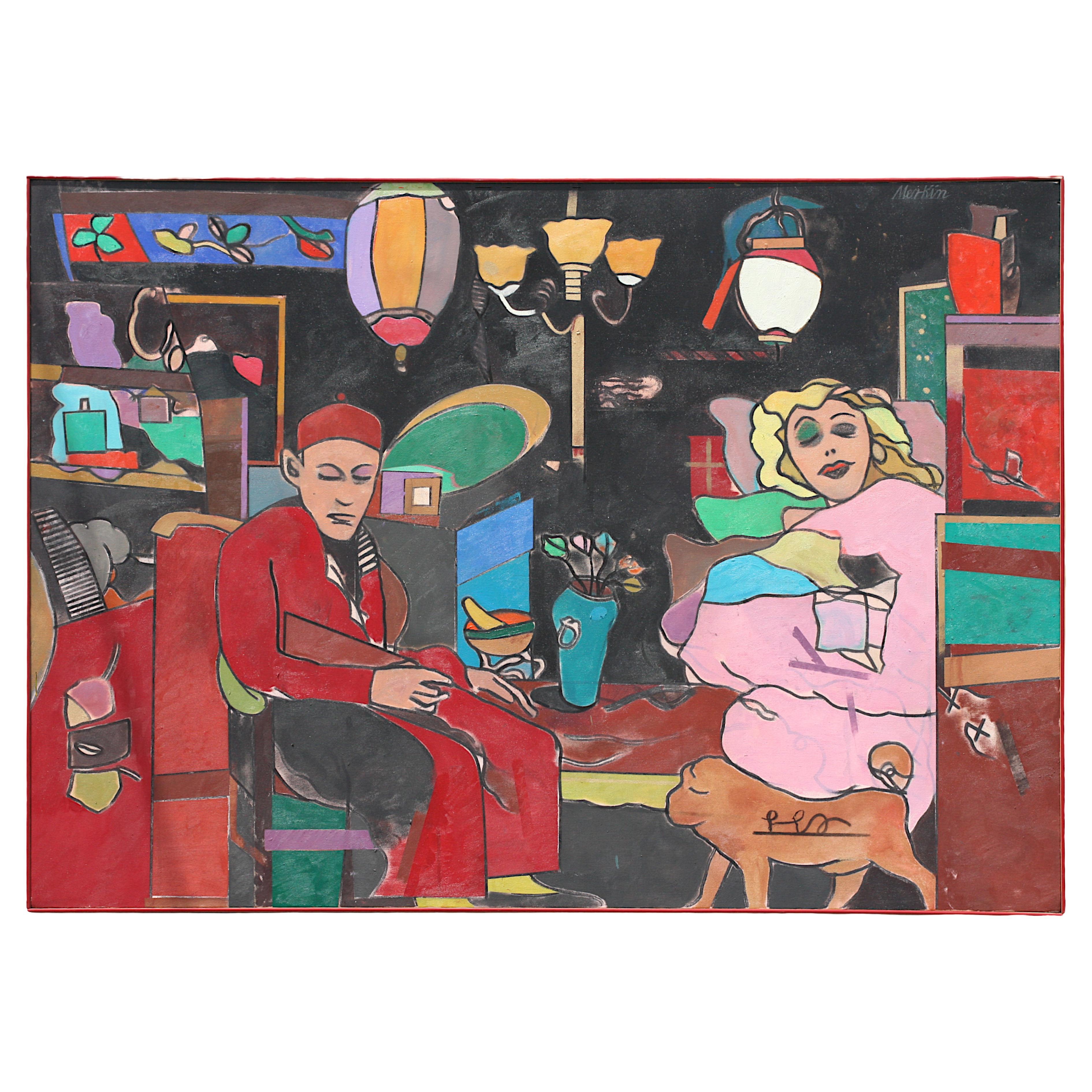 Richard Merkin, (Broken Blossoms: Le Chien D’Or, 1990, oil on canvas For Sale