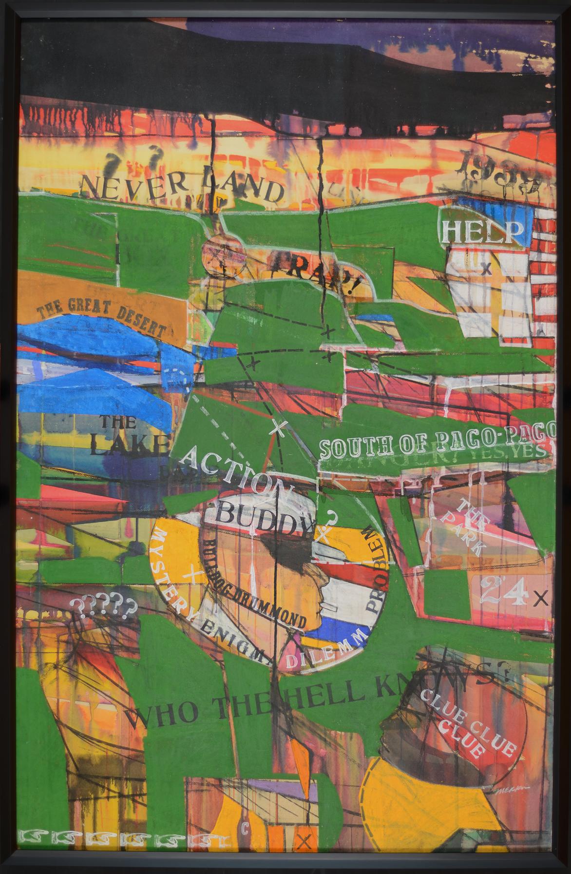 Ein ikonisches Beispiel für die Kunst von Richard Merkin in gemischten Medien. 

Bulldog Drummond und das große Coca-Cola-Mysterium (1965)
Gemischte Medien auf Papier
51" x 33"
53" x 35" x 2" gerahmt
Signiert "Merkin" unten rechts. Verso auf dem