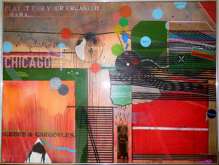 #9 Geeks and Gargoyles (for Nelson Algren)
Mixed Media and Collage
Provenance:
Obelisk Gallery, Boston, 1967 (label verso)
the word Chicago is featured prominently in this piece.

Sometimes described as Rhode Island’s most famous New York artist,