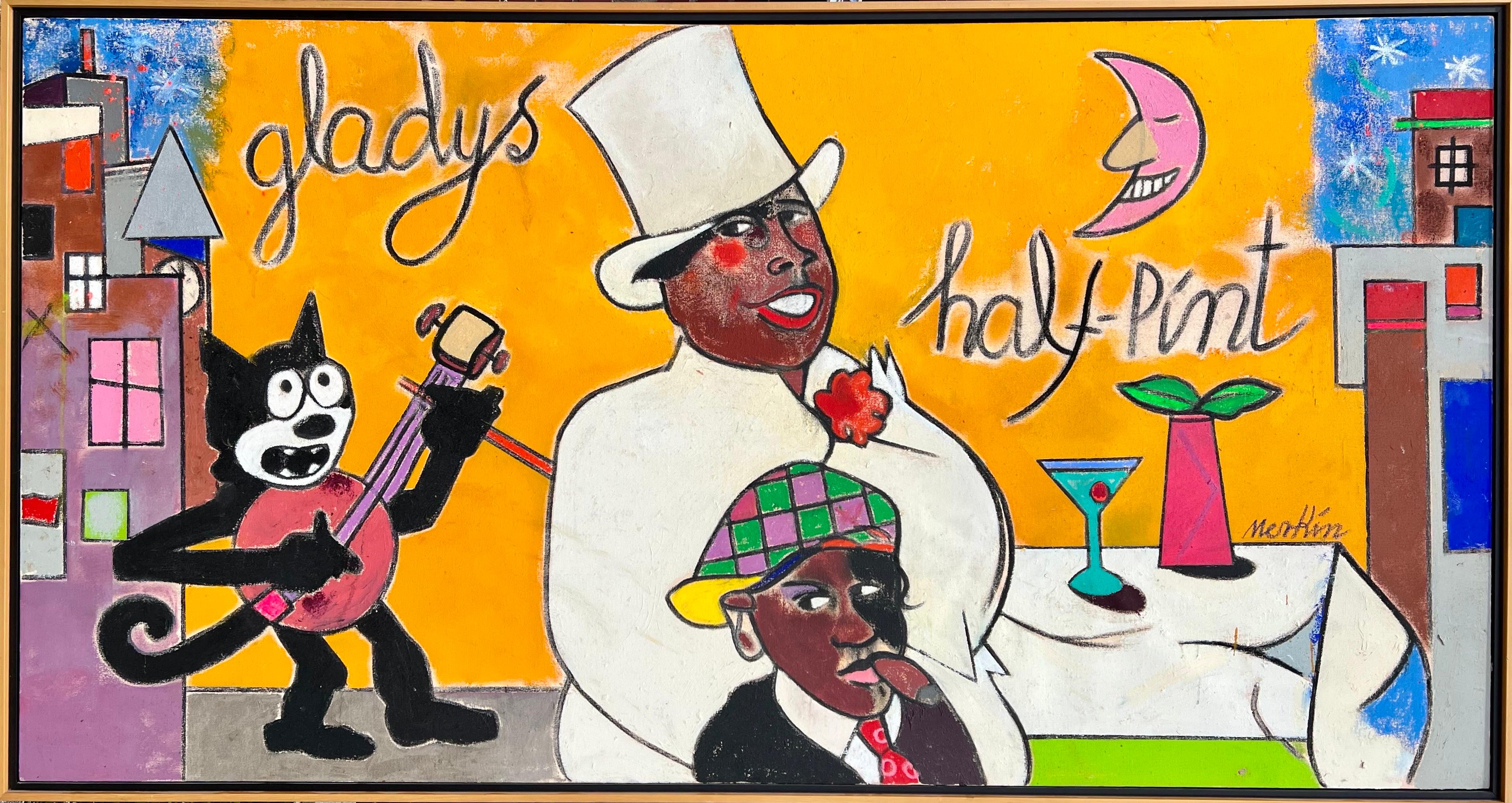 Großes Gemälde von Richard Merkin, Harlem Jazz Club, New Yorker Zeitschriftencoverkünstler