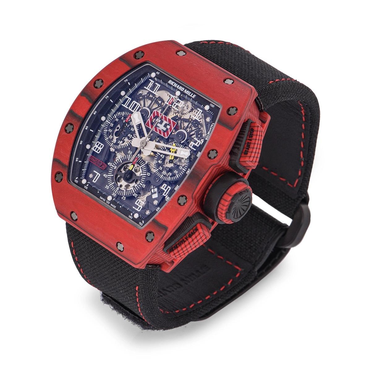 Inspired by Brazilian racing driver Felipe Massa, this 40mm Flyback Chronograph RM 011 model by Richard Mille is constructed from Red Quartz TPT (Thin Ply Technology) Carbon. Massa, known for his 15 year career in Formula One (F1) was the first