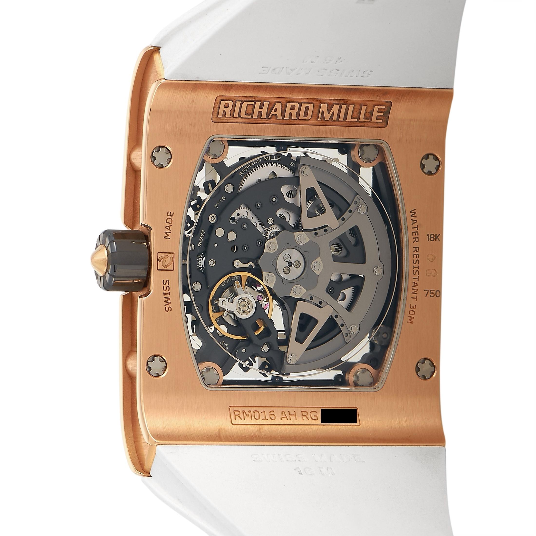 The Richard Mille Automatic Winding Extra Flat Watch, reference number RM 016, is a departure from traditional timepieces and a new endeavor for the luxury brand. 

This rugged timepiece features a 38mm case that is expertly accented by a bold 18K