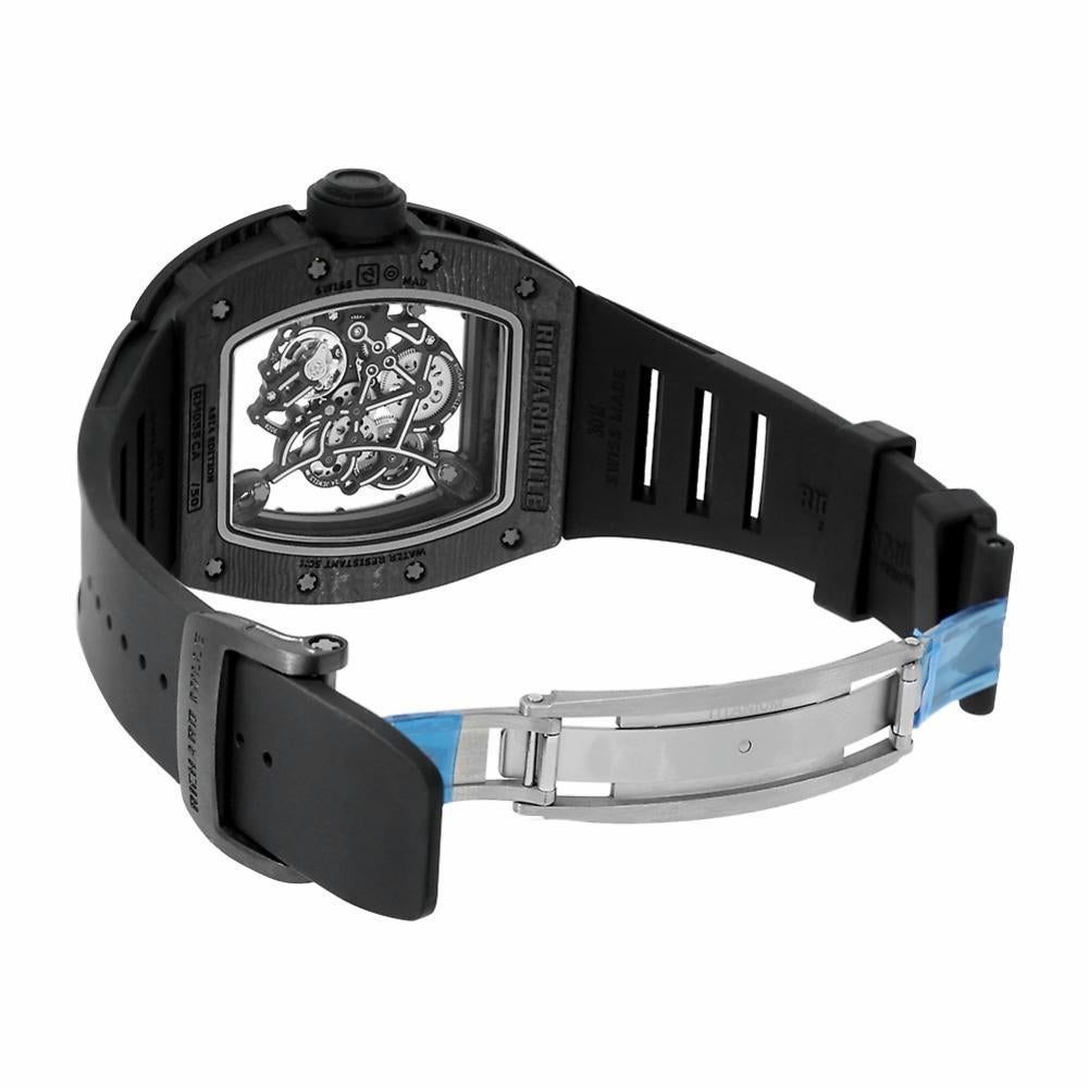 Richard Mille RM 055 Reference #:RM055. The Richard Mille RM 055 Bubba Watson Asia Limited Edition of 50. The Tonneau shaped watch case is made of incredibly tough black NTPT carbon with striations through the material making an eye catching