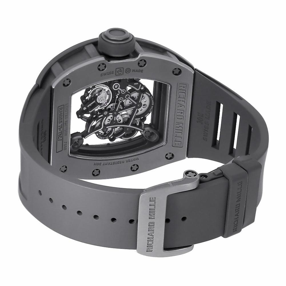 Richard Mille RM 055 Reference #:RM055. The Richard Mille RM 055 Bubba Watson All Grey Boutique Edition, as indicated by its name, features a monochromatic look ‚Äì and the iconic RM design, a 3 parts tonneau shaped case held by 20 titanium spline