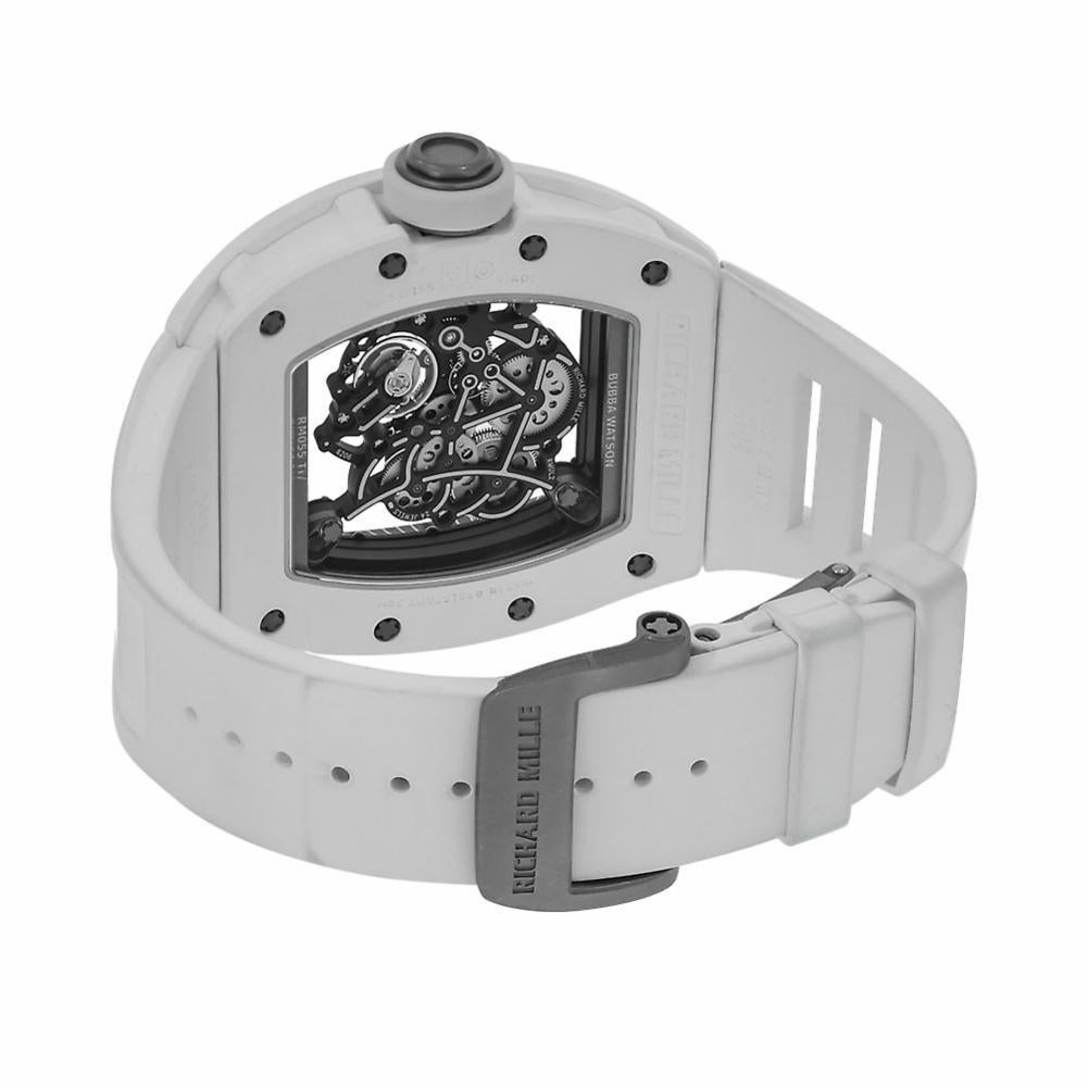 Richard Mille RM 055 Reference #:RM055. Richard Mille created this extravagant Limited Edition watch for Professional Golfer Bubba Watson in stunning white ceramic. The Tonneau shaped watch case 49.9 x 42.7 mm x 13.05 mm is layered Tetragonal