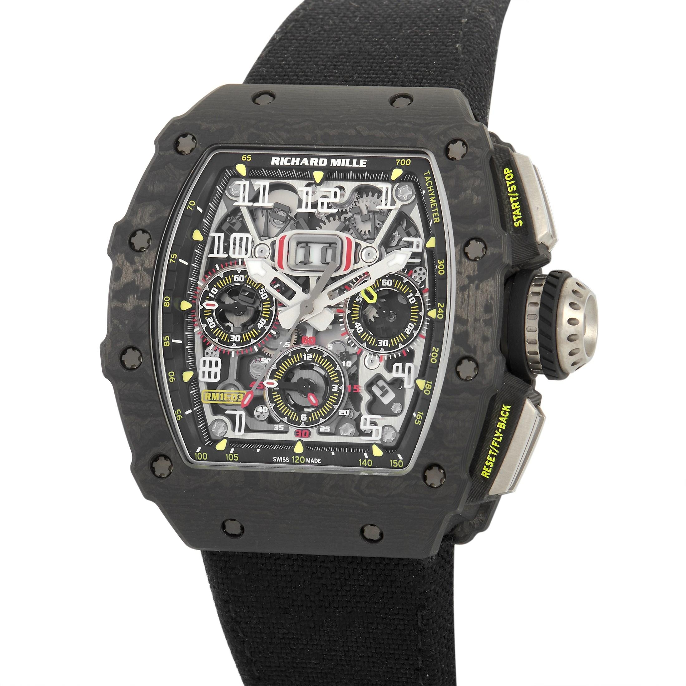 This Richard Mille watch, reference number RM11-03, is an iconic collaboration with McLaren Automotive. 

Rugged and durable, it pairs a 45mm carbon case with a fabric strap. On the striking skeleton dial, you’ll find raised Arabic numerals, a trio